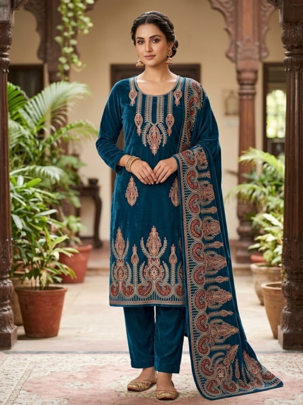 Women's Premium Velvet Embroidered Kurta Set with Dupatta – 3-Piece Elegant Ethn